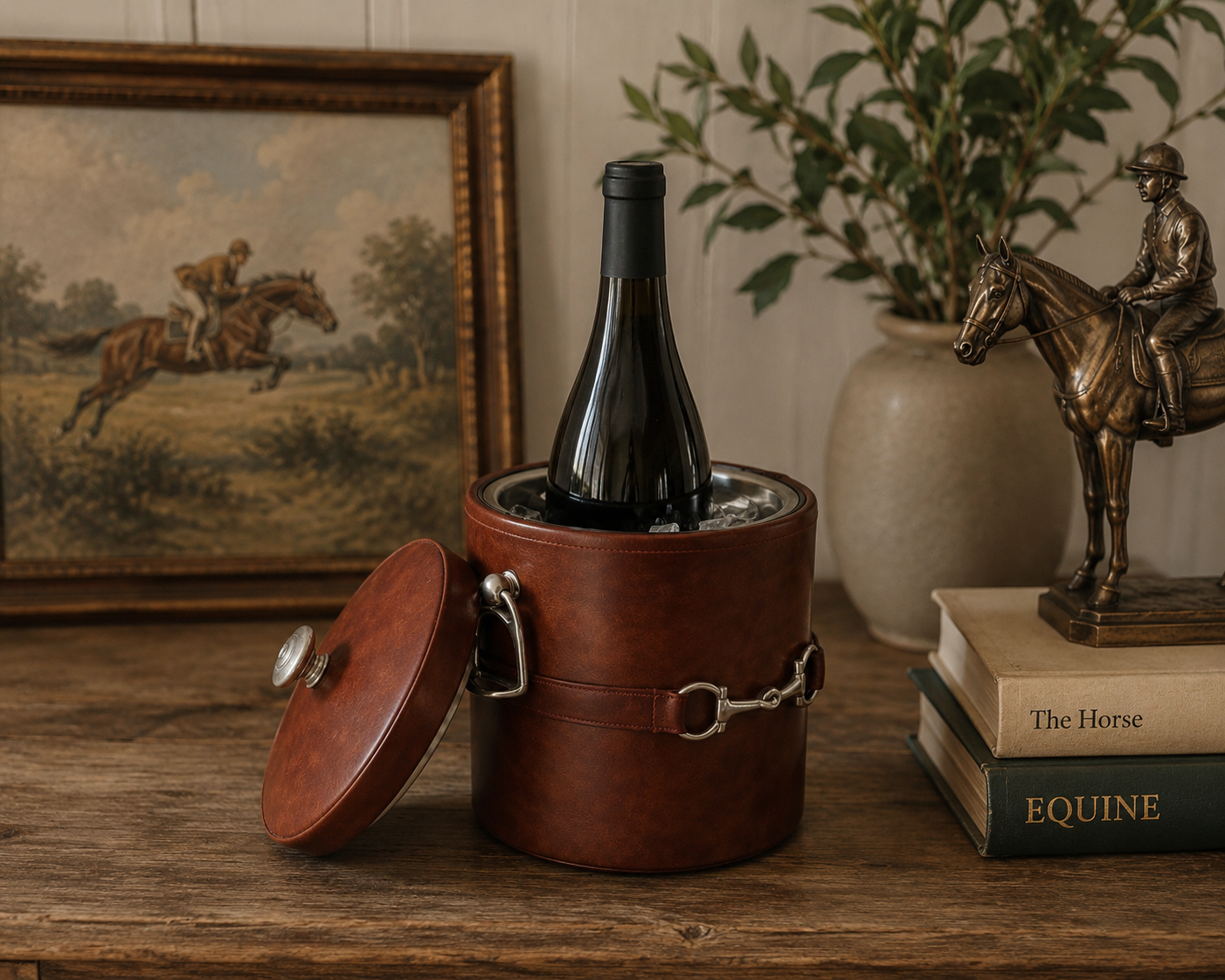 leather bucket on table